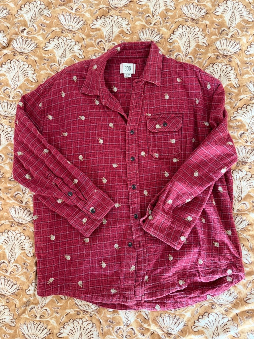 BDG Maroon Plaid Button-Down Shirt with Embroidered Dots